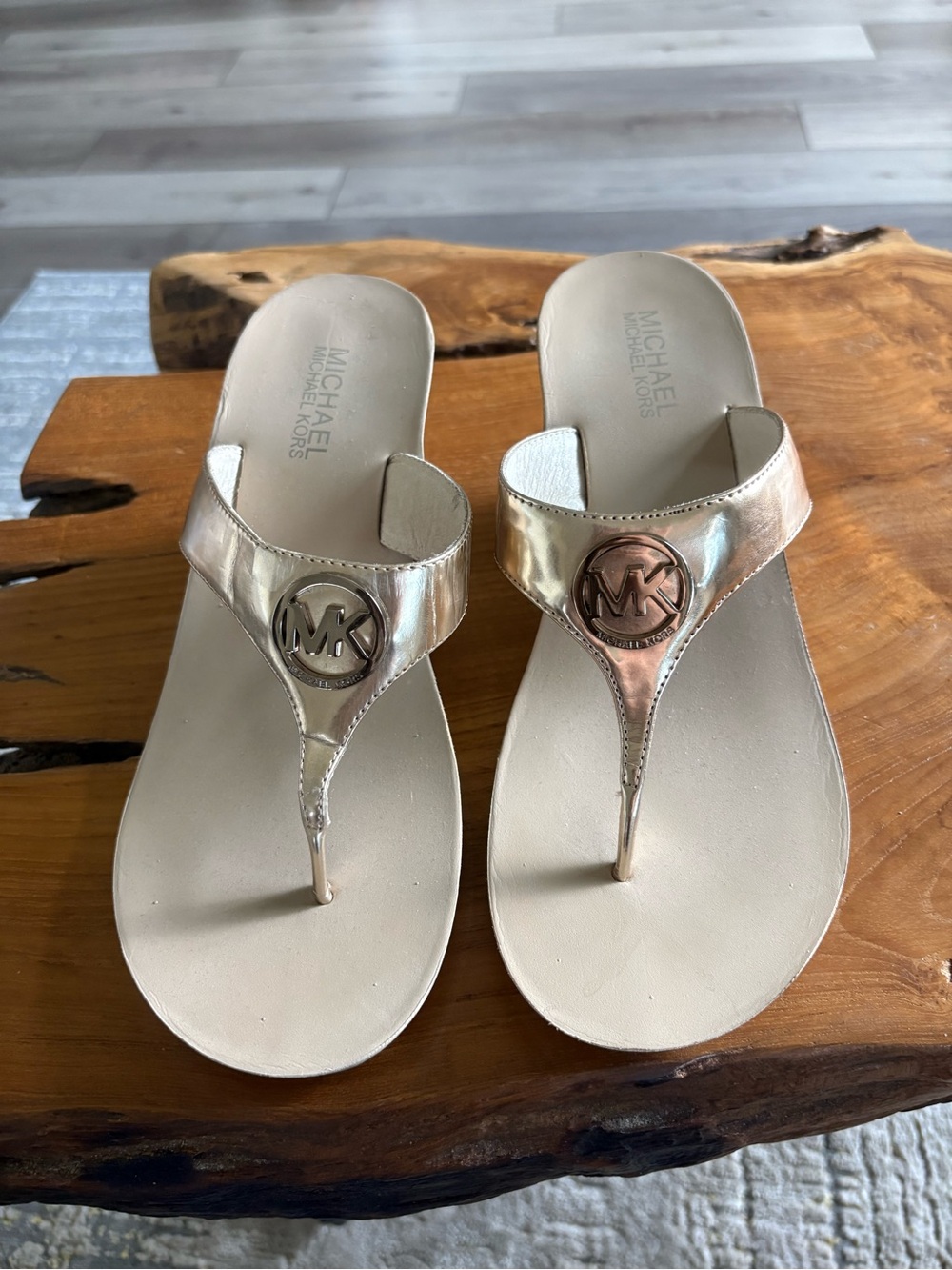 Michael Kors Gold Logo Thong Wedge  Sandals